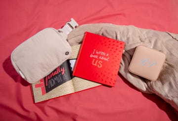 lululemon belt bag, i wrote a book about us book, weighted blanket, travel jewelry box