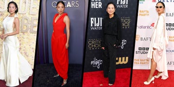 a collage of a woman in a red dress and a man in a white suit