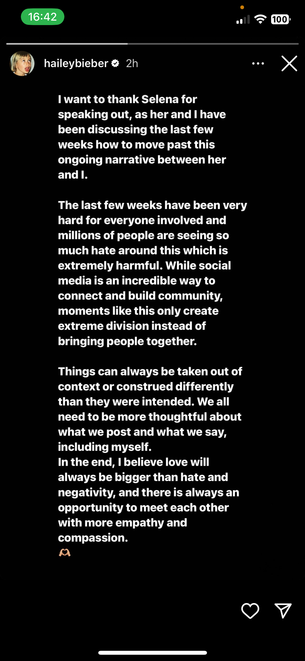 hailey bieber statement selena gomez drama