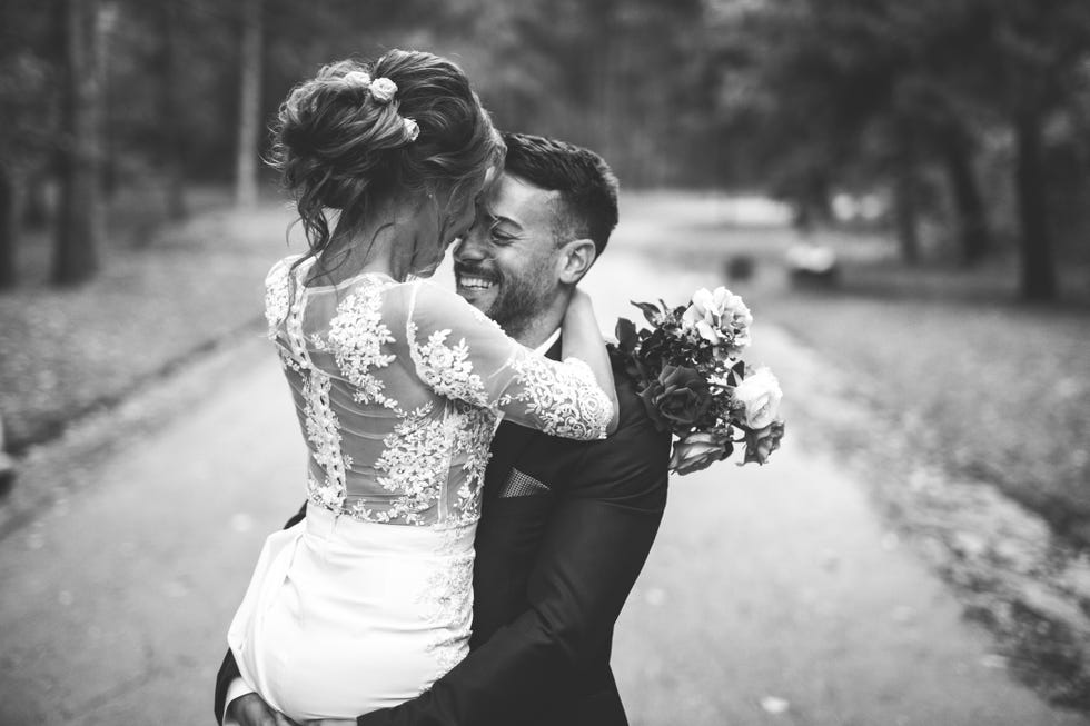 happy bride and groom in black and white