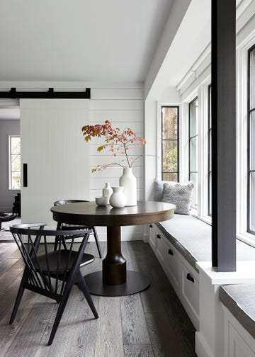 breakfast room storage under the bench and performance fabric by david sutherland are essential for a family with kids and dogs table custom, new york heartwoods chairs room  board 19th century carriage house in montclair nj interior design elaine santos designarchitect windigo architecture minimal and modern accents 