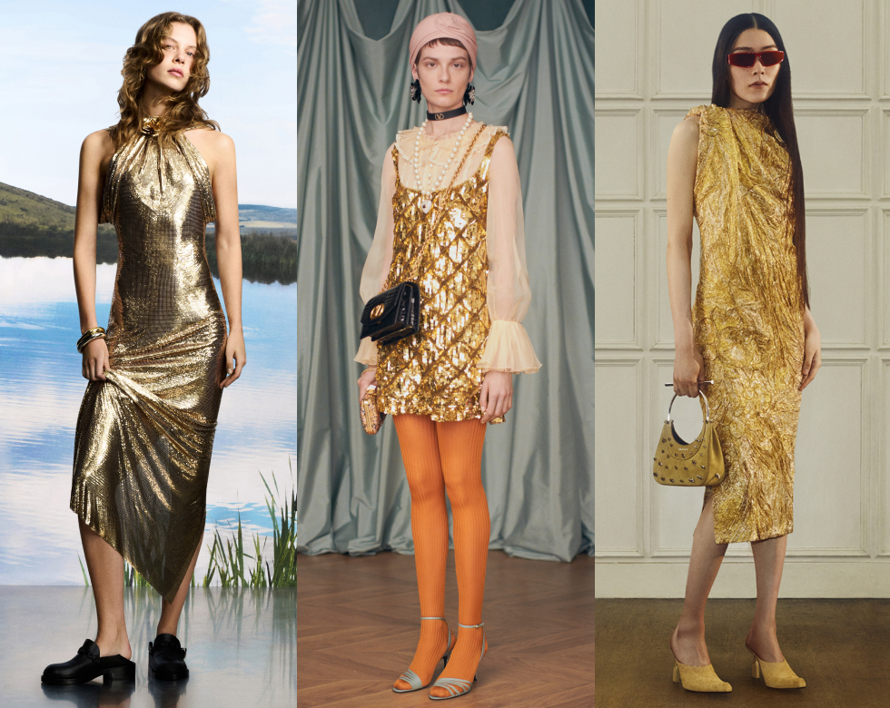 three individuals styled in gold outfits showcasing different fashion looks