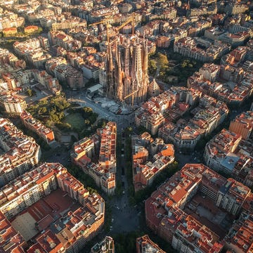 high angle view of illuminated buildings in city