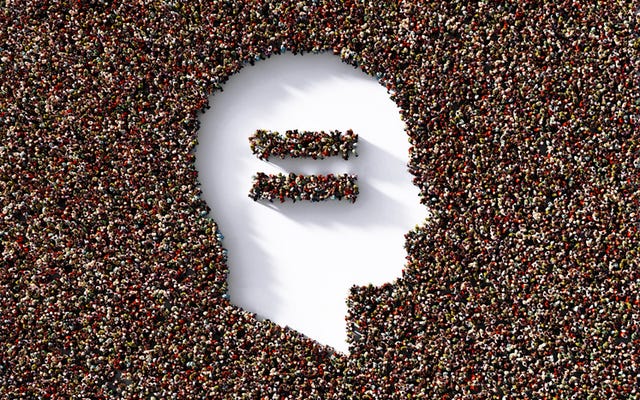 human head and equal sign formed by human crowd on white background