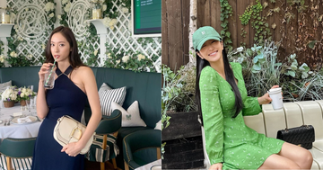 the left side features a woman in a navy blue dress holding a drink, standing near a table adorned with floral arrangements, surrounded by green foliage and a cozy seating area the right side shows a woman wearing a green dress with floral patterns, sitting on a bench in a natural setting with plants in the background, holding a white coffee cup both women are styled elegantly, emphasizing fashion in social settings