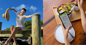 on the left, a person poses on a wooden dock with clear blue skies in the background, wearing a crochet outfit and holding a straw hat on the right, a close up view of a hand holding a smartphone that shows a diet tracking app, with a visible calorie count and a salad consisting of greens, avocado, and chicken on a wooden table