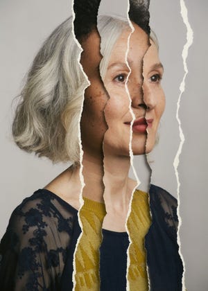 ripped page collage of young and old facial portraits of a woman