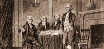 a drawing of john adams, robert morris, alexander hamilton, and thomas jefferson gathered around a table with papers on it