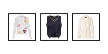 three fashion items displayed in frames a floral sweater a vest with a chain necklace and a white blazer