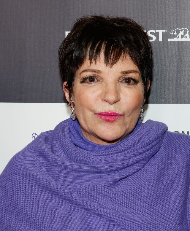 liza minnelli looks at the camera, she wears a purple shawl and dangling earrings with pink lipstick