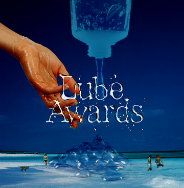 hand pouring liquid from a bottle featuring stylized text lube awards with a beach backdrop