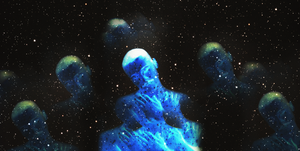 a man's silhouette in blue is shown in a night sky