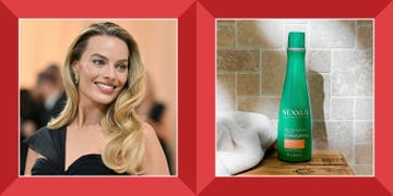 margot robbie hair at met gala 2023 and nexxus shampoo bottle