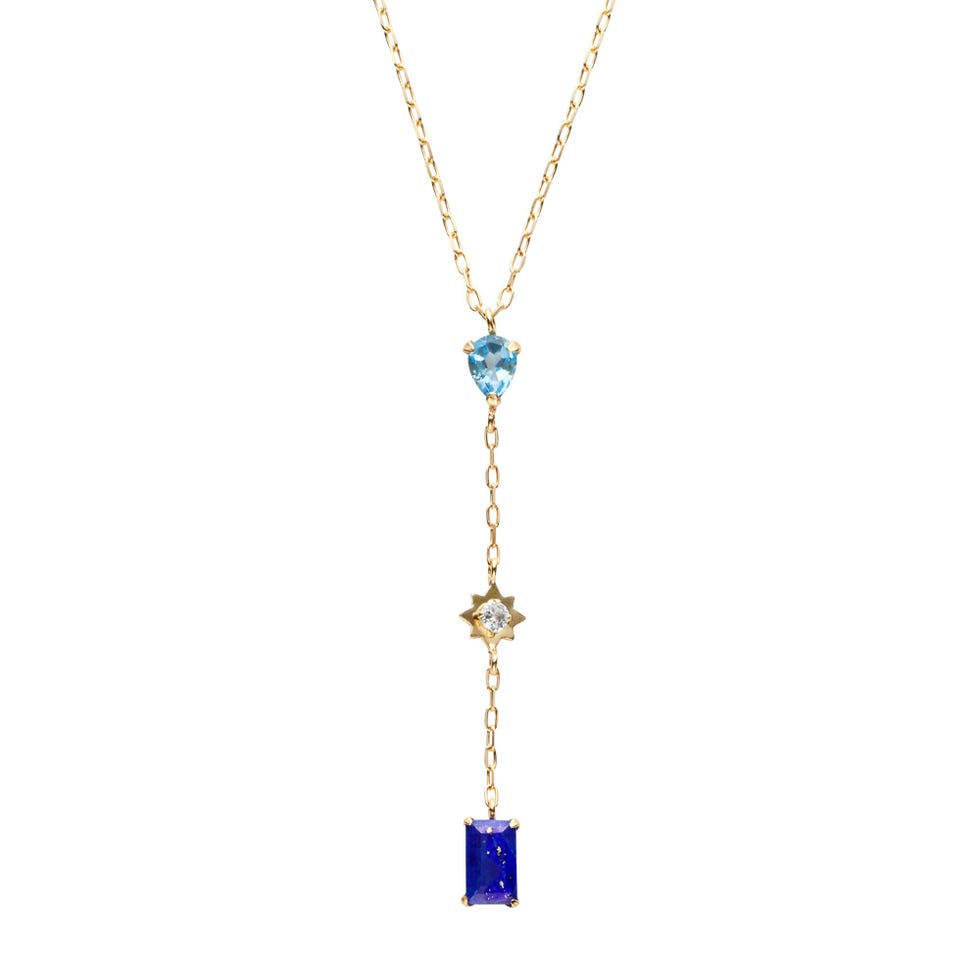 a gold and blue necklace