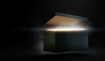 mysterious pandora box opening with rays of light, high contrast image 3d rendering, illustration