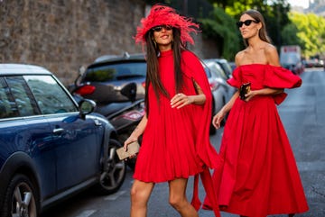 paris, france july 03 giorgia tordini and gilda ambrosio seen wearing red dress outside valentino during paris fashion week haute couture fallwinter 20192020 on july 03, 2019 in paris, france photo by christian vieriggetty images