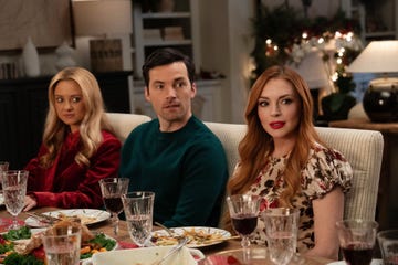 our little secret l r katie baker as cassie, ian harding as logan and lindsay lohan as avery in our little secret cr bob mahoneynetfix 2024