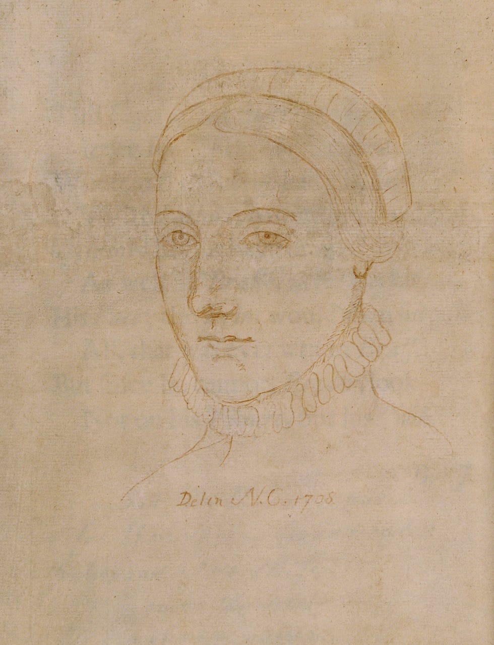 portrait of anne hathaway in pencil from the shoulders up, she is drawn wearing a high necked outfit and a headdress