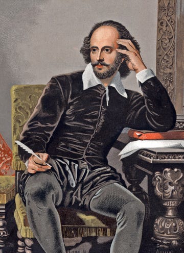 painting showing william shakespeare sitting at a desk with his head resting on his left hand and holding a quill pen