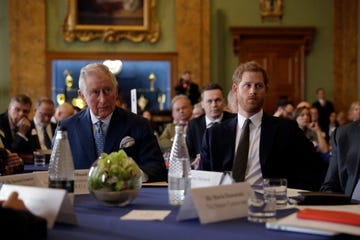 prince charles and prince harry sit at a table and listen to someone off screen, both men wear suits and several people sit behind them