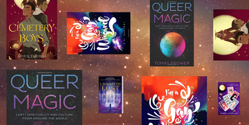 books including queer magic and cemetery boys arranged over a dark starry background