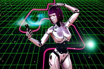 a futuristic female robot taking a selfie against a digital backdrop