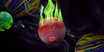 a planet with a face on fire