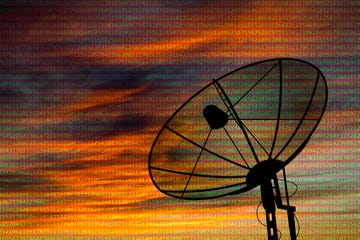 satellite dish on the background of a digital code satellite communication concept