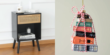 a black and tan rattan night stand next to an ornament that looks like a stack of books