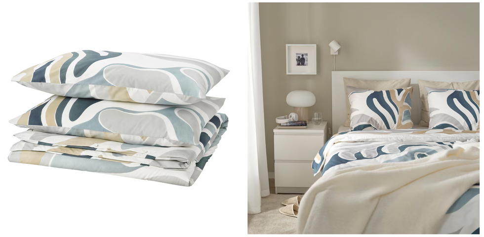 bedding collection featuring a modern abstract design with pillows and a duvet on a bed