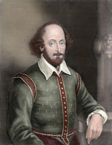 an engraving of william shakespeare in a green and red suit and looking ahead for a portrait