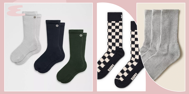 various styles of socks displayed on contrasting backgrounds