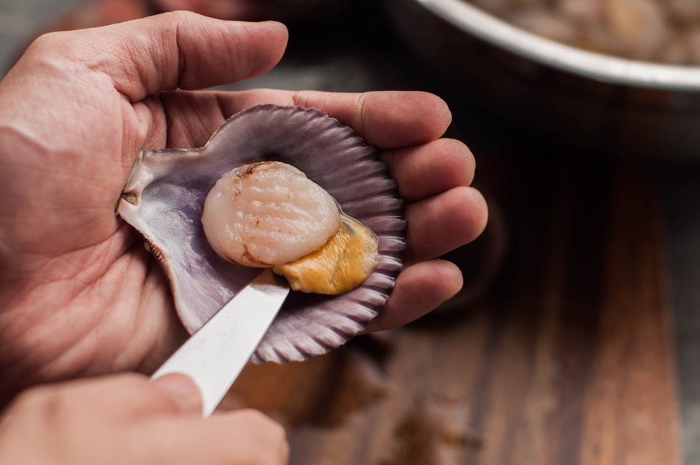 a southeast asian man is preparing a fresh raw scallop