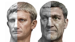 ai created photorealistic depictions of roman emperors on one half of a face and their statue equivalents on the other half