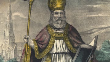 a drawing of saint patrick wearing white robes, a red cap with gold trim, and a gold pointed hat, he is holding a gold staff in one hand and an open book in the other while looking upward toward the sky