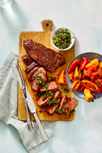 steak and grilled peppers with chimichurri sauce