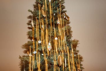 Decorated Christmas tree featuring unique ornaments and strands