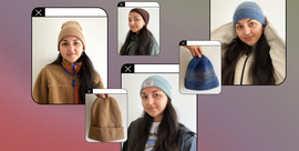 multiple individuals showcase a variety of beanie hats in different styles and colors the hats include a beige beanie, a brown one, and a blue knitted version each person is dressed in outerwear, such as fleece jackets and coats, coordinating with the hats they are wearing or holding the composition features a minimalist aesthetic with a soft background, emphasizing the hats