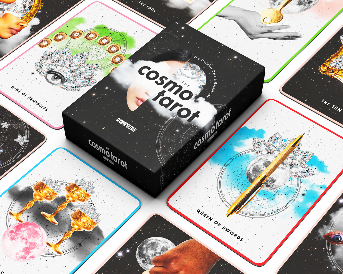 the cosmo tarot deck lies on a white background surrounded by tarot cards