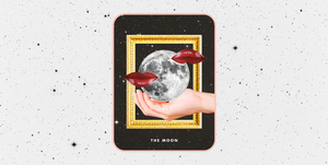 the moon tarot card on a white starry background, the tarot card shows a hand holding up a full moon with two lips over it