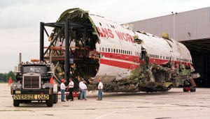 partially reconstructed fuselage of twa flight 800