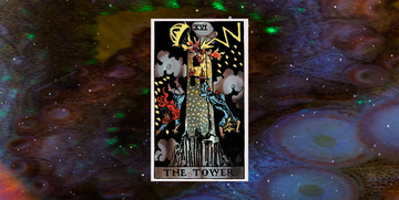 the tower tarot card over a blue and green background