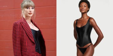 two women in stylish outfits one in a red checkered blazer and the other in a black corset