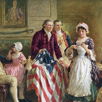 a painting of betsy ross sewing an american flag as people look on