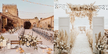 wedding decoration ideas according to your zodiac sign, including classic outdoor reception space with fairy lights and a boho beach wedding with flowers