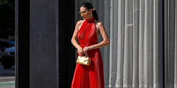 a woman in a red dress