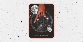 the wheel of fortune tarot card, showing a hand with dark skin reaching down into a circle in the middle of a starry sky