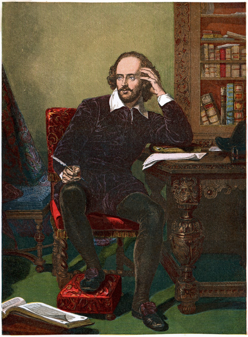 a color illustration of william shakespeare with the writer sitting in a cushioned red chair, his right hand holds a quill and rests on his right knee, his left elbow rests on an ornate wood desk with his left hand holding his head, he wears a dark outfit with a large white collar, dark tights, and dark shoes