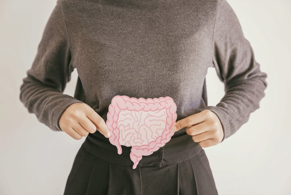 woman hands holding intestine shape, healthy bowel digestion, leaky gut, probiotic and prebiotic for gut health, colon, gastric, stomach cancer concept