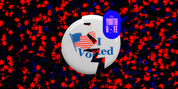 a broken i voted sticker over red and blue confetti